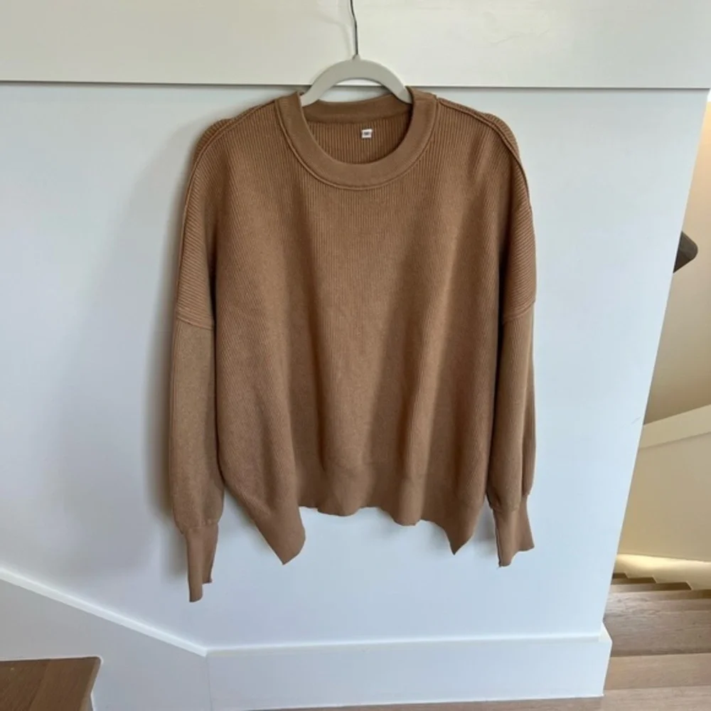 Brown/ Tan Crewneck Batwing Oversized Ribbed Pullover Sweater